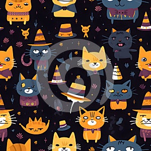 Seamless pattern Colored cats with bowties happy spiders in tiny hats ,Generative AI tools