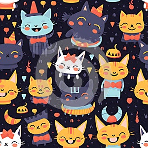 Seamless pattern Colored cats with bowties happy spiders in tiny hats ,Generative AI tools