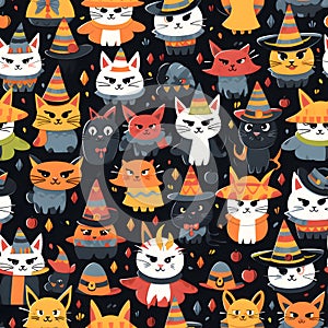 Seamless pattern Colored cats with bowties happy spiders in tiny hats ,Generative AI tools