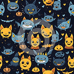 Seamless pattern Colored cats with bowties happy spiders in tiny hats ,Generative AI tools