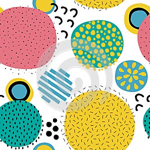 Seamless pattern. Colored circles with different artistic textures isolated on white background.
