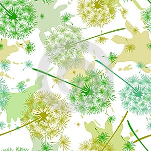Seamless pattern with colored dandelions and spots of paint. Endless floral texture of delicate coloring. Vector illustration of