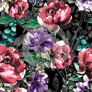 Seamless Pattern of Colored Flowers with Leaves Ready for Textile Prints.