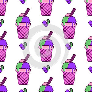 Seamless pattern with colored ice cream balls in a purple waffle glass and berries on a white background. Bright green, pink,