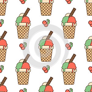 Seamless pattern with colored ice cream balls in waffle cup and berries on a white background