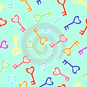 Seamless pattern with colored keys, vector illustration in doodle style, hand draw, print for valentines day, wallpaper and packag