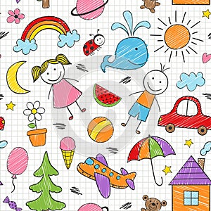 Seamless pattern with colored kids drawings