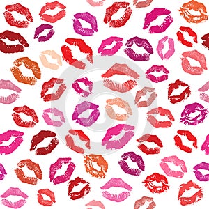 Seamless pattern with colored lipstick kisses. Imprints of lips