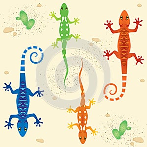 Seamless pattern with colored lizards running photo