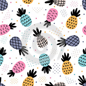 Seamless pattern with colored pineapples. Cute summer background with tropical fruit