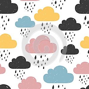 Seamless pattern with colored rainy clouds.