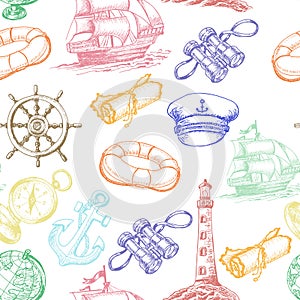 Seamless pattern with colored Sea Adventure elements in sketch style