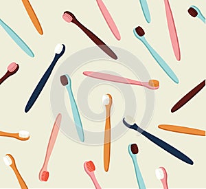 Seamless pattern of colored toothbrushes in pink, yellow, blue, and burgundy color.