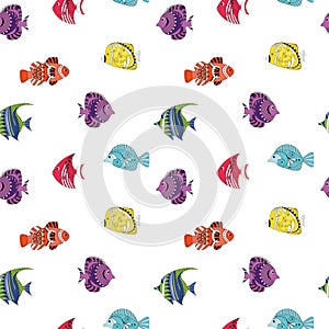 Seamless pattern colored tropical Fish, ornamental graphic fish, floral line pattern. Vector. Zentangle doodle. concept for