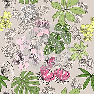 Seamless pattern colored tropical plants on grey background. illustration