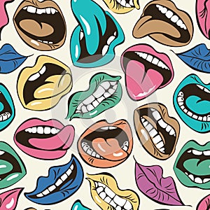 Seamless pattern, colored woman lips and mouths