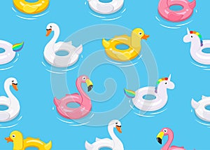 Seamless pattern of colorful animals floats cute kids toys on blue background