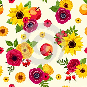 Seamless pattern with colorful autumn flowers. Vector illustration.