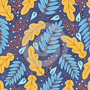 Seamless pattern of colorful autumn leaves. Abstract vector illustration with foliage, berries and dots