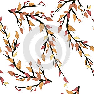 Seamless pattern on colorful backdrop. Line art branches with autumn leaves for decorative design. Seamless vector texture. Vector