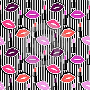 Seamless pattern with colorful badge shape lips and lipstick on black striped background. Vector illustration with lips