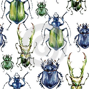 Seamless pattern with colorful beetles. Summer and spring background, watercolor illustration. Entomology. Wildlife set