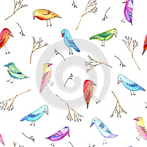 Seamless pattern with colorful bird and branches.