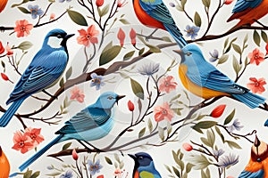 seamless pattern with colorful birds and flowers