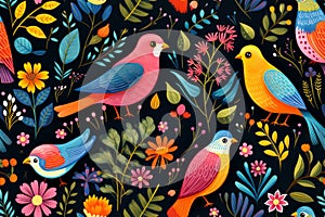 seamless pattern with colorful birds and flowers