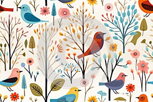 seamless pattern with colorful birds and flowers