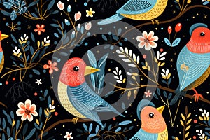 seamless pattern with colorful birds and flowers on a black background