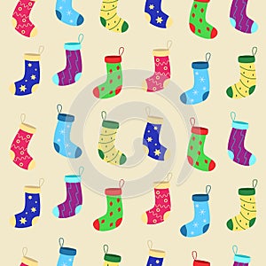 Seamless pattern Colorful bright set of Christmas socks for gift. Vector illustration
