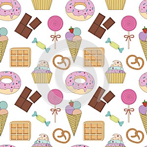 Seamless pattern colorful with cake, ice cream, cupcake, candy, donuts, chocolate,waffle, pretzel, Lollipop and other dessert.