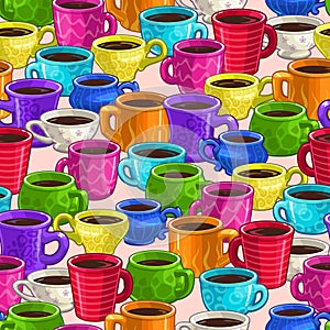 Seamless pattern with colorful cartoon coffee cups