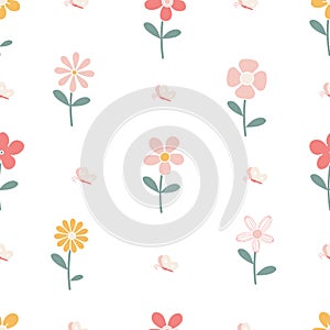 Seamless pattern with colorful cartoon flowers and butterfly