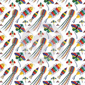 Seamless Pattern with Colorful Cartoon Flying Kites