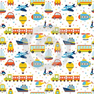 Seamless pattern with colorful cartoon transport. Cute background with hearts photo
