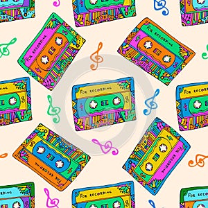 Seamless pattern with colorful cassettes. Hippie style. Doodle musical texture for wrapping, fabric. Vector