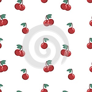 Seamless pattern, colorful cherries on twigs with leaves. Print, fruit background, vector