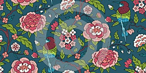 Seamless pattern with colorful chinoiserie hand drawn flowers and birds motifs