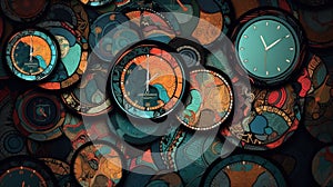 Seamless pattern with colorful clocks. Watch Pattern. Time Pattern.