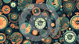 Seamless pattern with colorful clocks. Watch Pattern. Time Pattern.