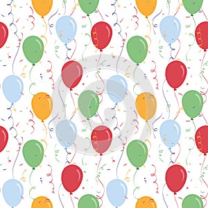 Seamless pattern with colorful confetti and balloons isolated on white.