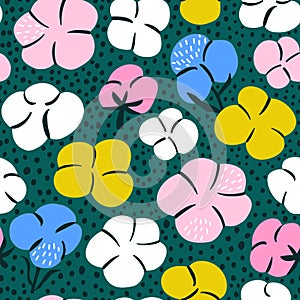 Seamless pattern with colorful cotton flowers. Decorative floral texture. Vector illustration