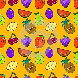 Seamless pattern colorful cute fruits characters Kawaii. apple, pear, strawberry, orange, banana, watermelon, pineapple