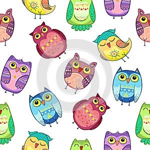 Seamless pattern with colorful cute owls, birds vector illustration