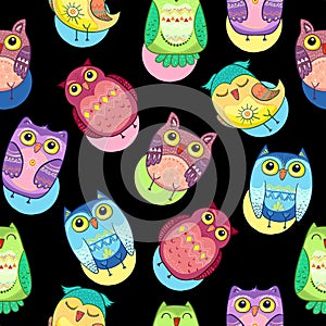 Seamless pattern with colorful cute owls, birds vector illustration photo