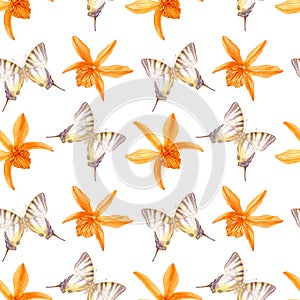 Seamless pattern with colorful dendrobium flowers and butterflies.