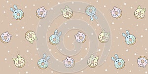 Seamless pattern with colorful donuts in the form of cute animals on a beige background with small stars and dots