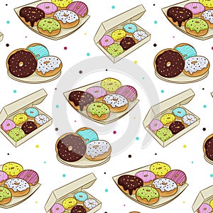 Seamless pattern of colorful donuts in icing, isolated on a white background. Vector illustration in cartoon flat style.